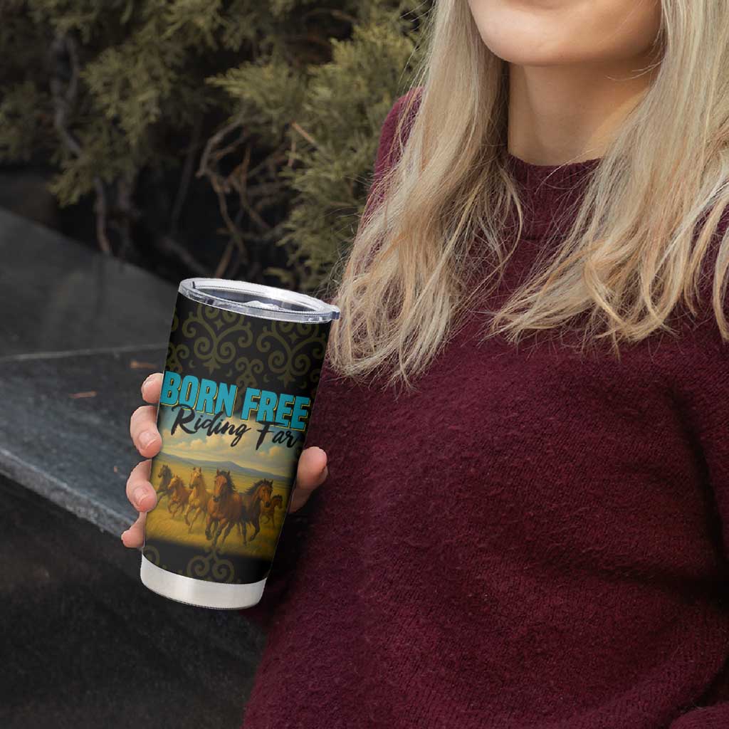 Kazakhstan Born Free Riding Far Tumbler Cup with Wild Horses and Gold Tribal Pattern on Black