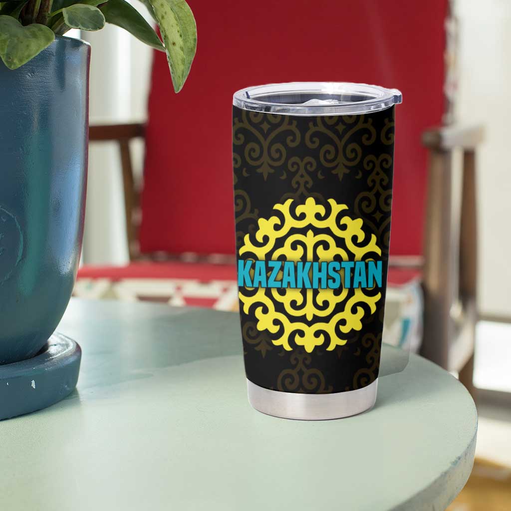 Kazakhstan Born Free Riding Far Tumbler Cup with Wild Horses and Gold Tribal Pattern on Black