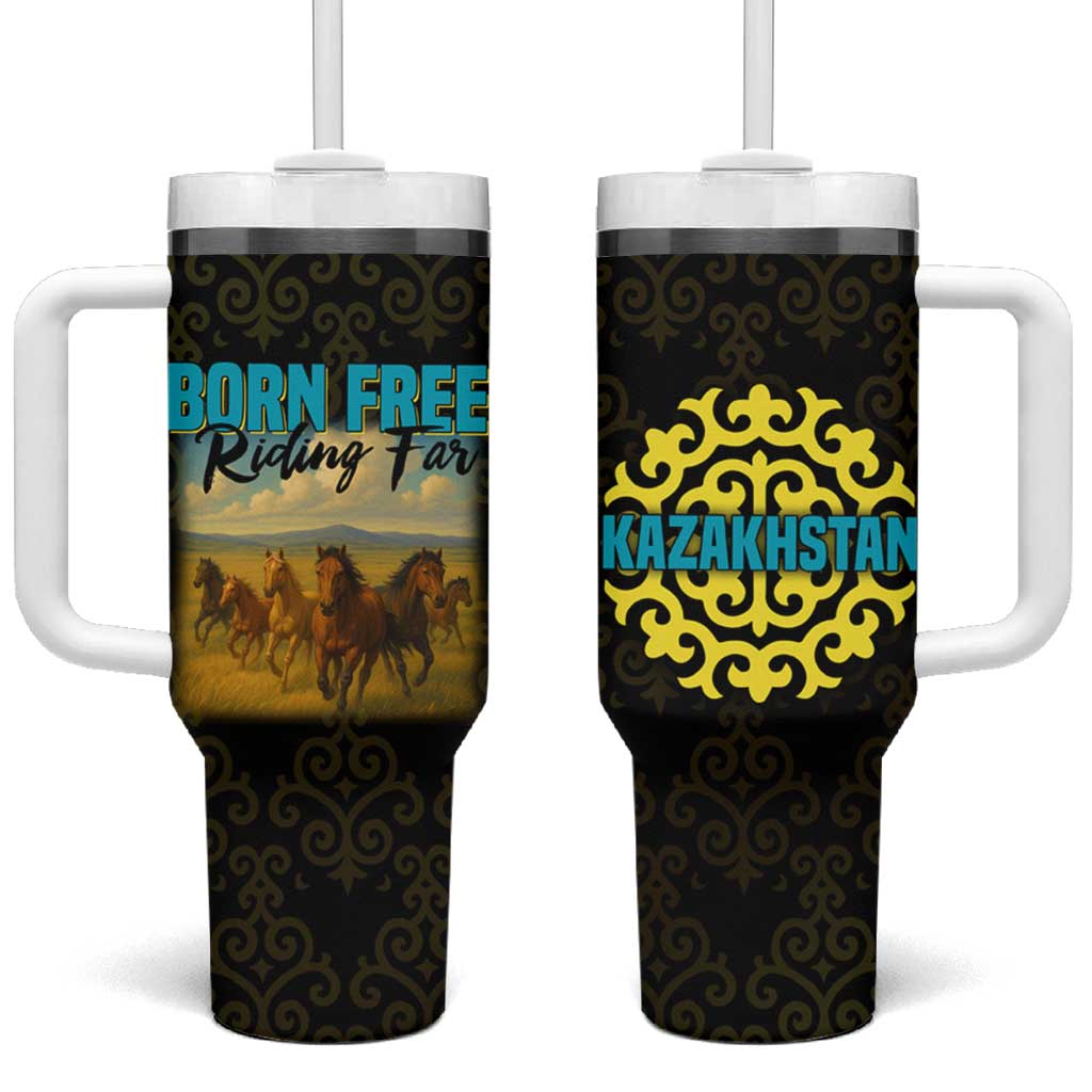 Kazakhstan Born Free Riding Far Tumbler With Handle with Wild Horses and Gold Tribal Pattern on Black