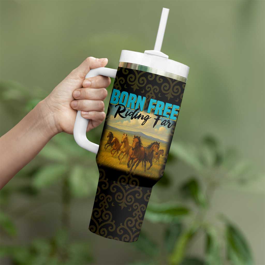 Kazakhstan Born Free Riding Far Tumbler With Handle with Wild Horses and Gold Tribal Pattern on Black