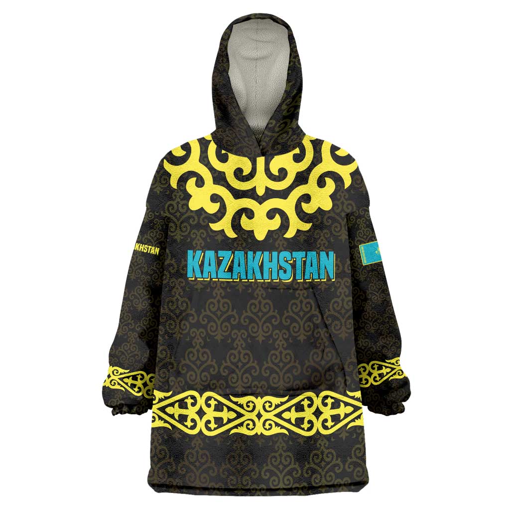 Kazakhstan Born Free Riding Far Wearable Blanket Hoodie with Wild Horses and Gold Tribal Pattern on Black
