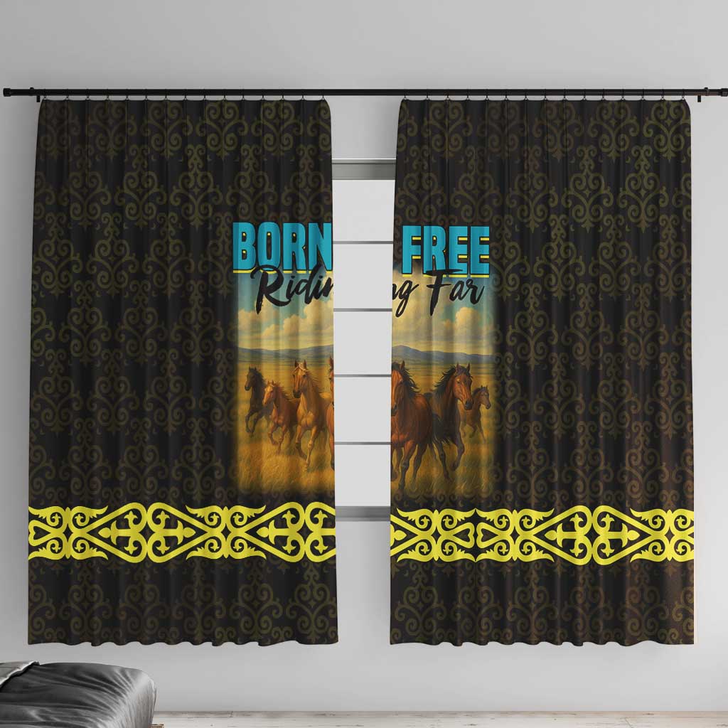 Kazakhstan Born Free Riding Far Window Curtain with Wild Horses and Gold Tribal Pattern on Black