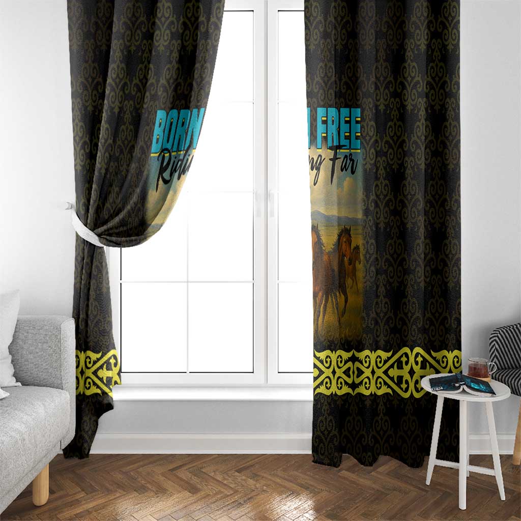 Kazakhstan Born Free Riding Far Window Curtain with Wild Horses and Gold Tribal Pattern on Black