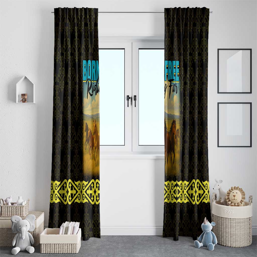 Kazakhstan Born Free Riding Far Window Curtain with Wild Horses and Gold Tribal Pattern on Black