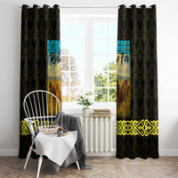 Kazakhstan Born Free Riding Far Window Curtain with Wild Horses and Gold Tribal Pattern on Black