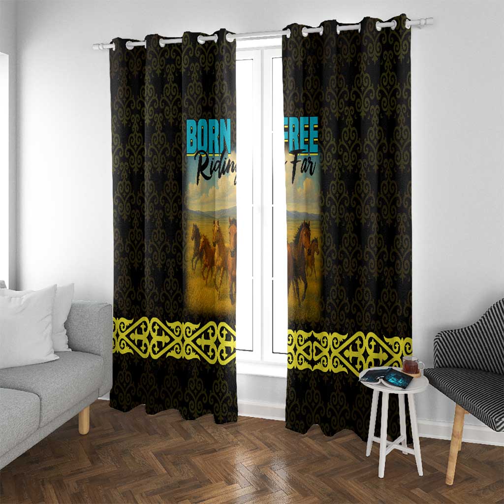 Kazakhstan Born Free Riding Far Window Curtain with Wild Horses and Gold Tribal Pattern on Black
