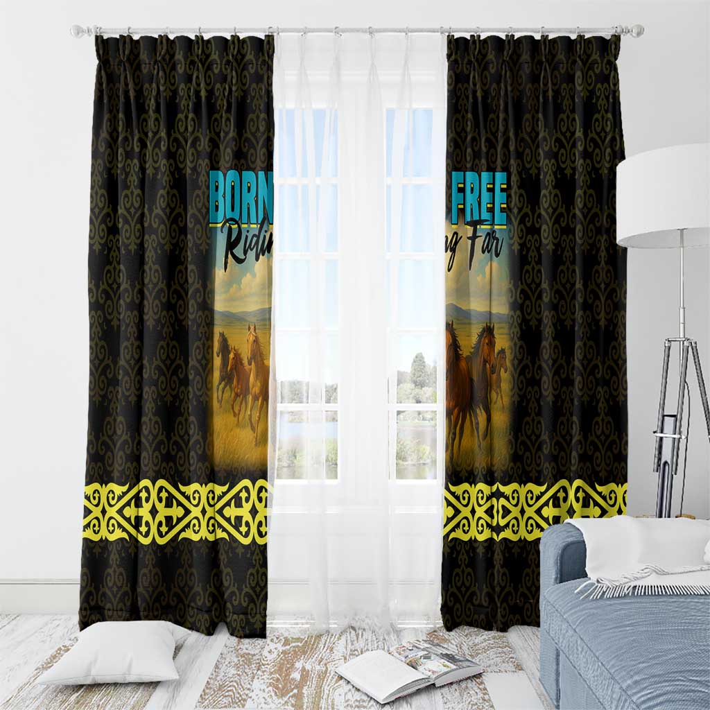 Kazakhstan Born Free Riding Far Window Curtain with Wild Horses and Gold Tribal Pattern on Black