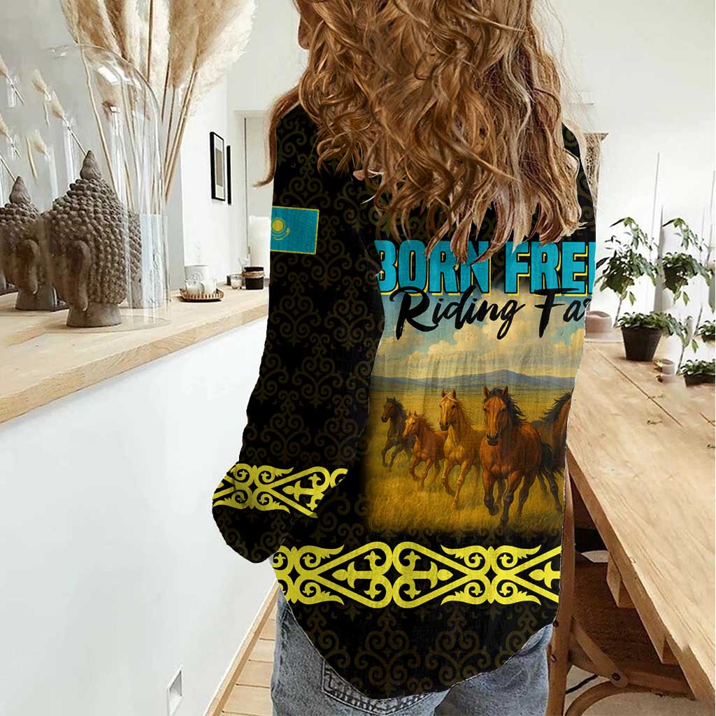 Kazakhstan Born Free Riding Far Women Casual Shirt with Wild Horses and Gold Tribal Pattern on Black