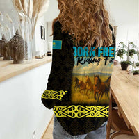 Kazakhstan Born Free Riding Far Women Casual Shirt with Wild Horses and Gold Tribal Pattern on Black