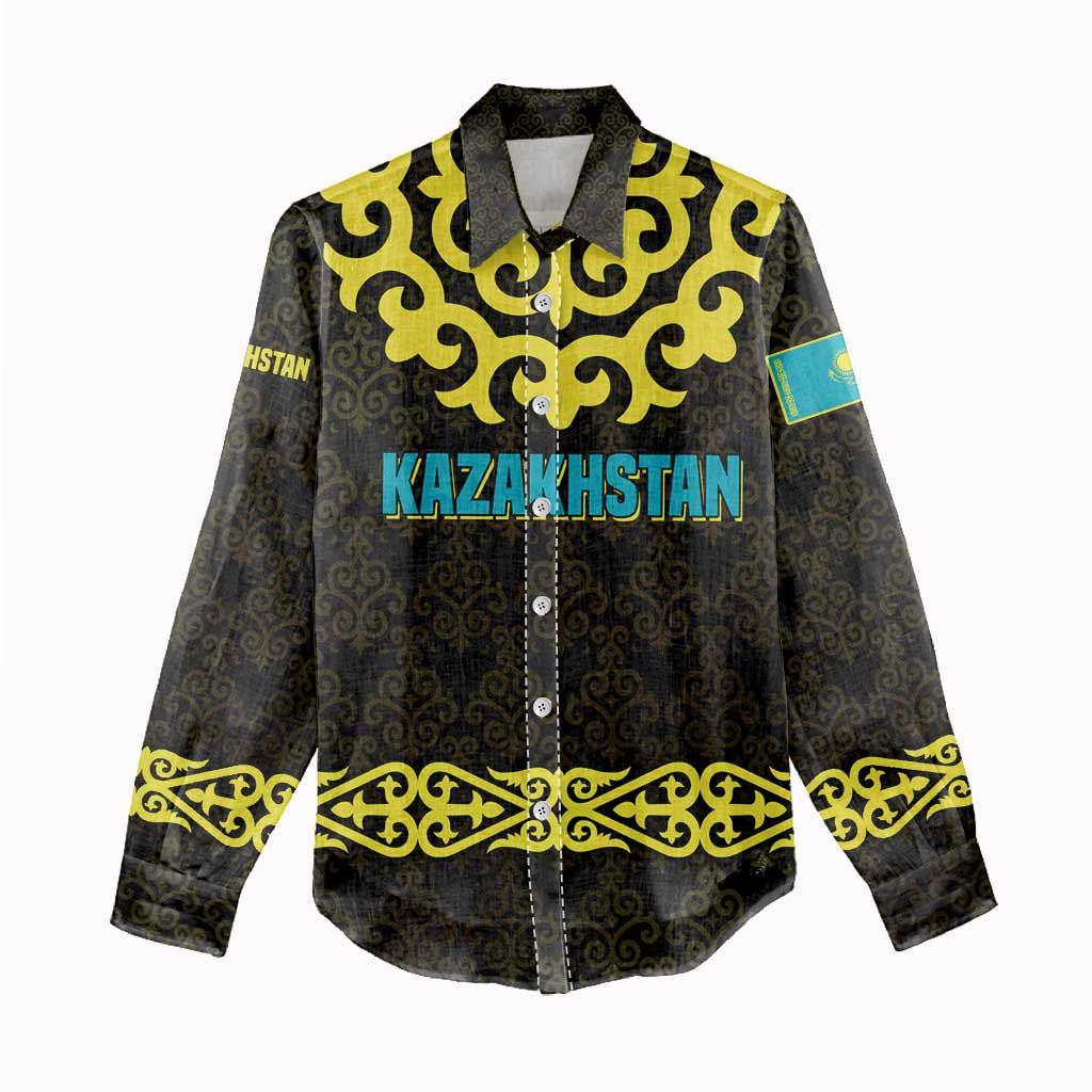 Kazakhstan Born Free Riding Far Women Casual Shirt with Wild Horses and Gold Tribal Pattern on Black