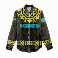 Kazakhstan Born Free Riding Far Women Casual Shirt with Wild Horses and Gold Tribal Pattern on Black