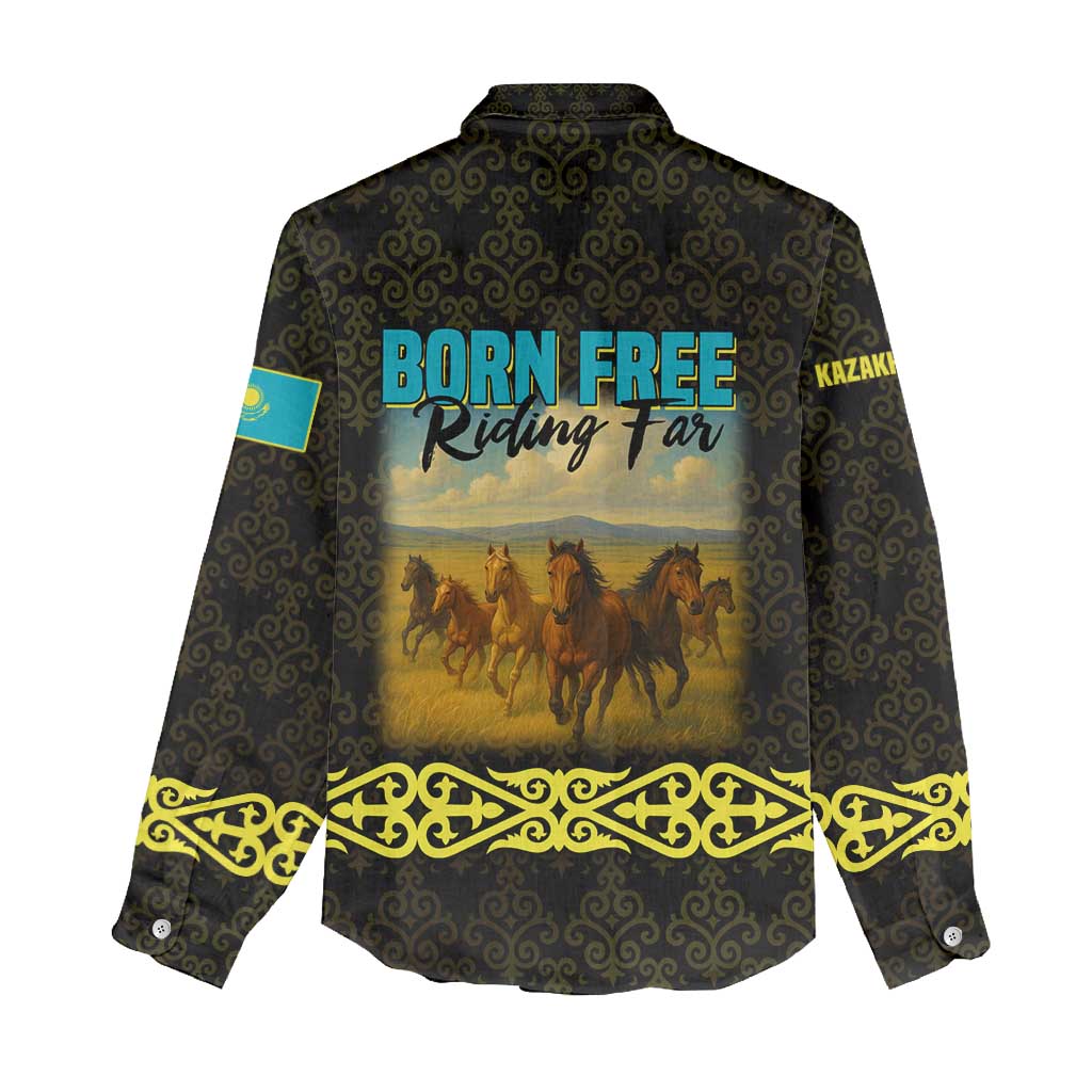 Kazakhstan Born Free Riding Far Women Casual Shirt with Wild Horses and Gold Tribal Pattern on Black