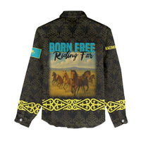 Kazakhstan Born Free Riding Far Women Casual Shirt with Wild Horses and Gold Tribal Pattern on Black