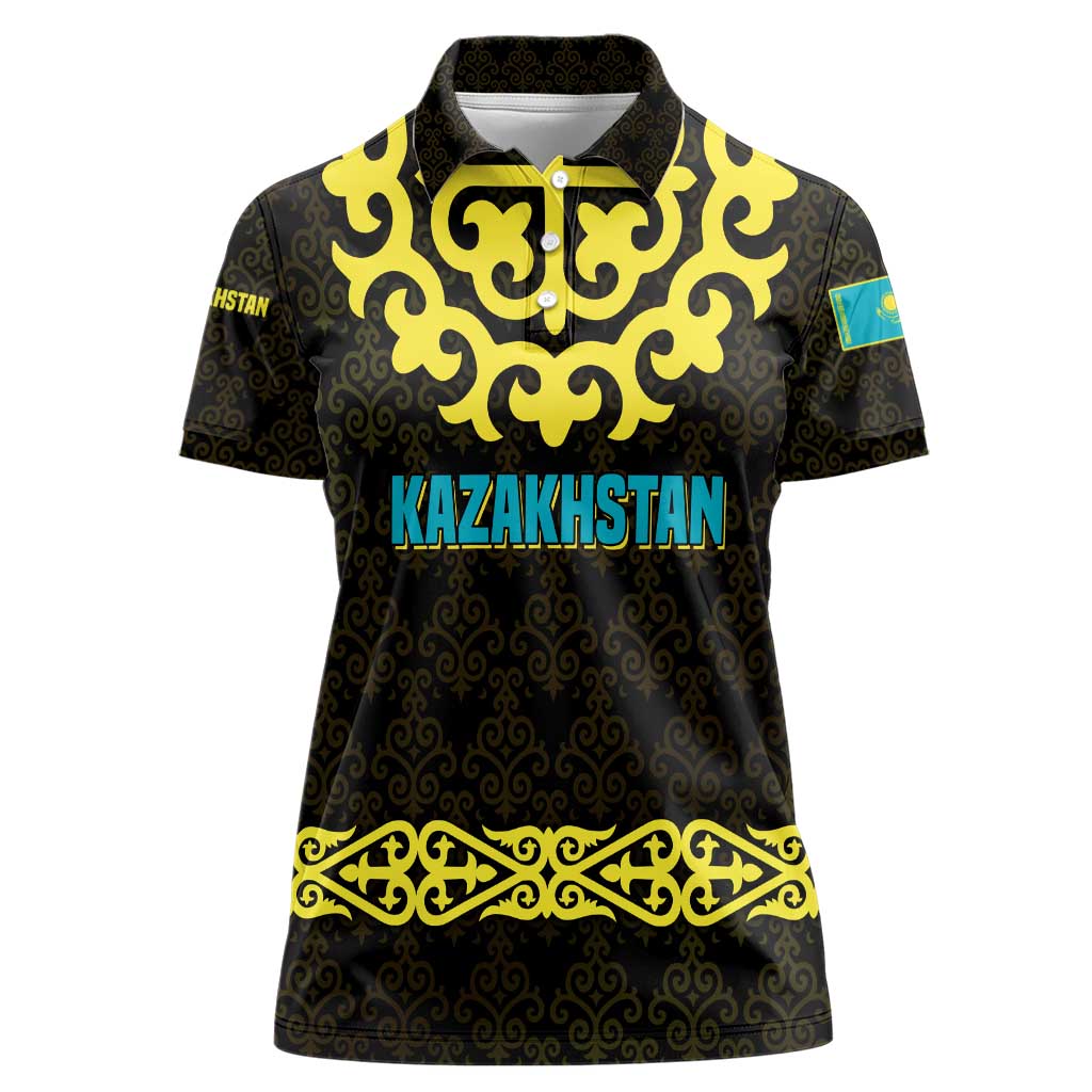 Kazakhstan Born Free Riding Far Women Polo Shirt with Wild Horses and Gold Tribal Pattern on Black