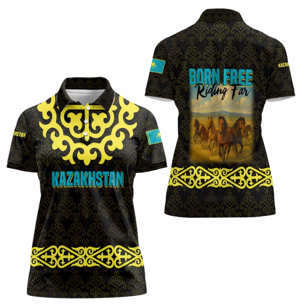 Kazakhstan Born Free Riding Far Women Polo Shirt with Wild Horses and Gold Tribal Pattern on Black