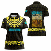 Kazakhstan Born Free Riding Far Women Polo Shirt with Wild Horses and Gold Tribal Pattern on Black