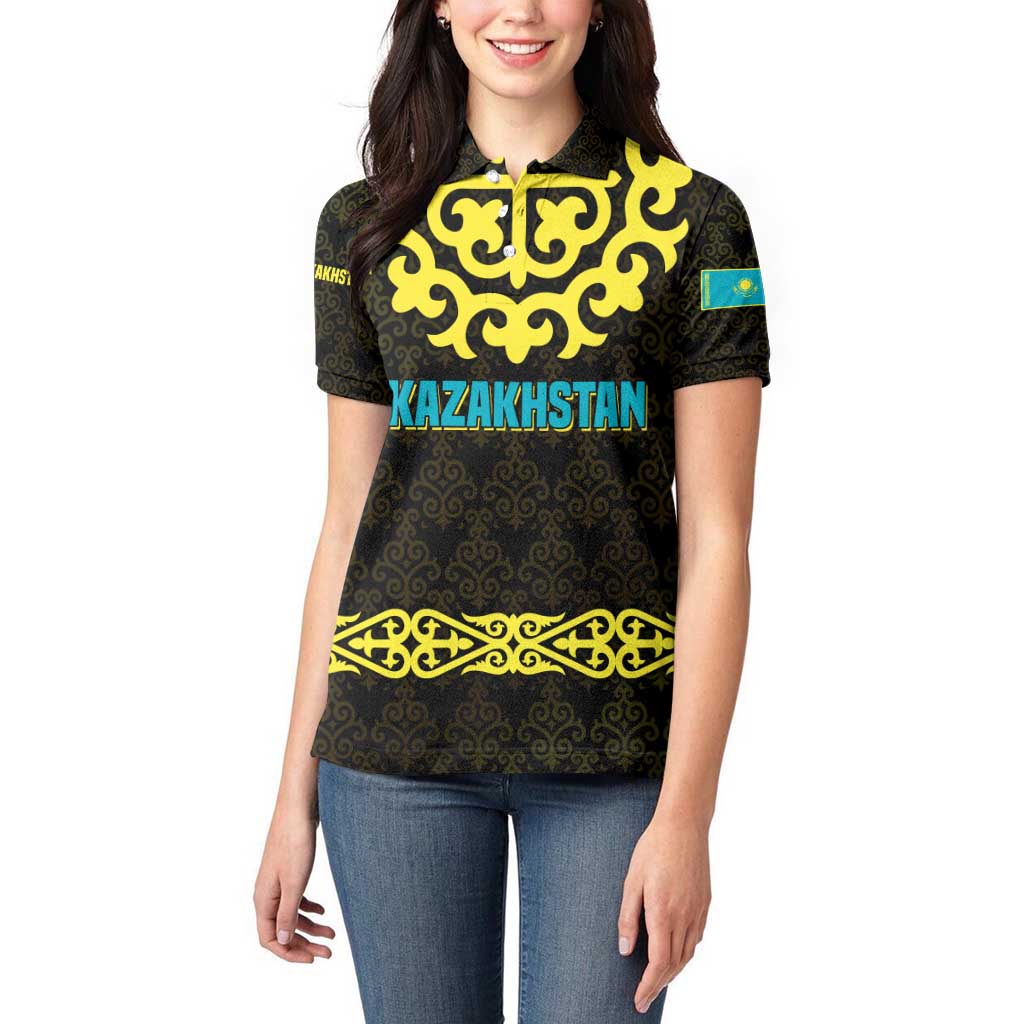 Kazakhstan Born Free Riding Far Women Polo Shirt with Wild Horses and Gold Tribal Pattern on Black