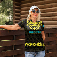 Kazakhstan Born Free Riding Far Women Polo Shirt with Wild Horses and Gold Tribal Pattern on Black