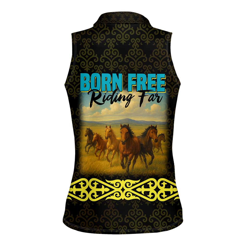 Kazakhstan Born Free Riding Far Women Sleeveless Polo Shirt with Wild Horses and Gold Tribal Pattern on Black