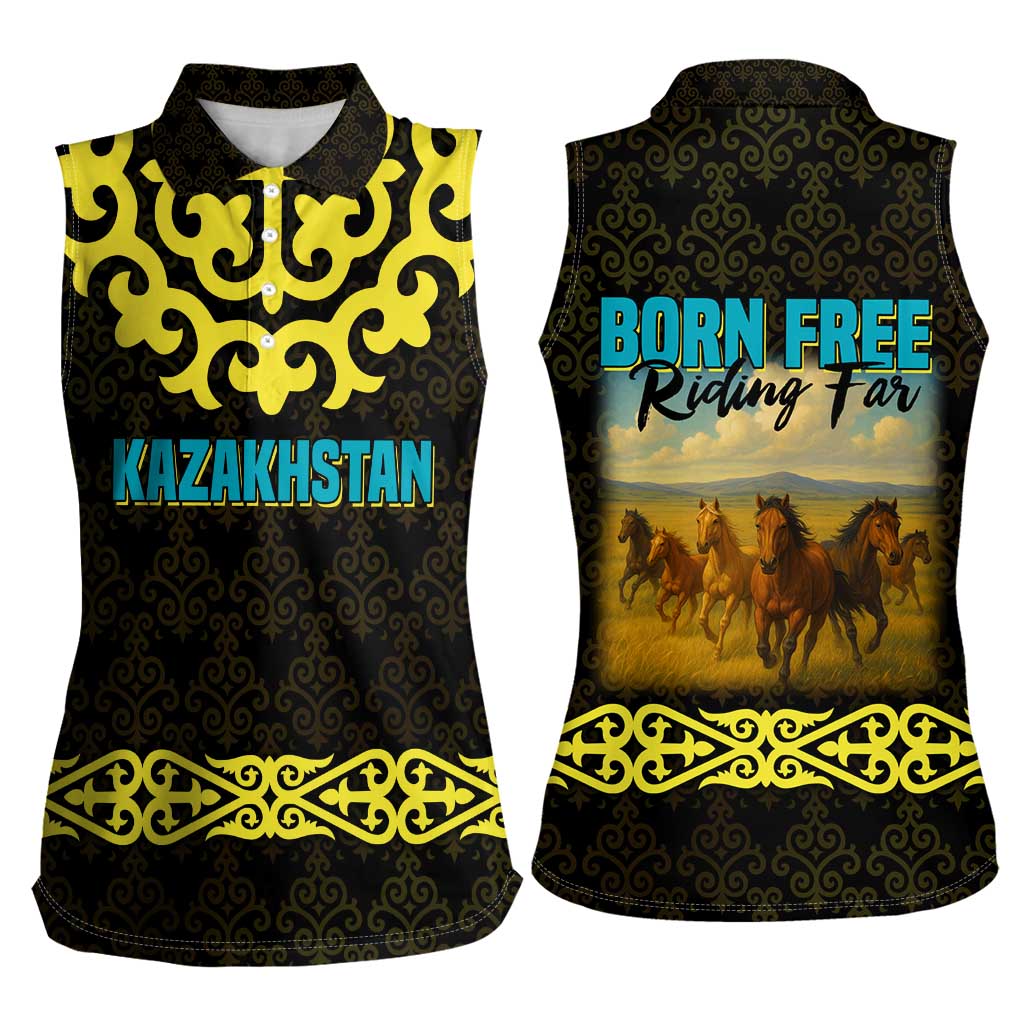 Kazakhstan Born Free Riding Far Women Sleeveless Polo Shirt with Wild Horses and Gold Tribal Pattern on Black