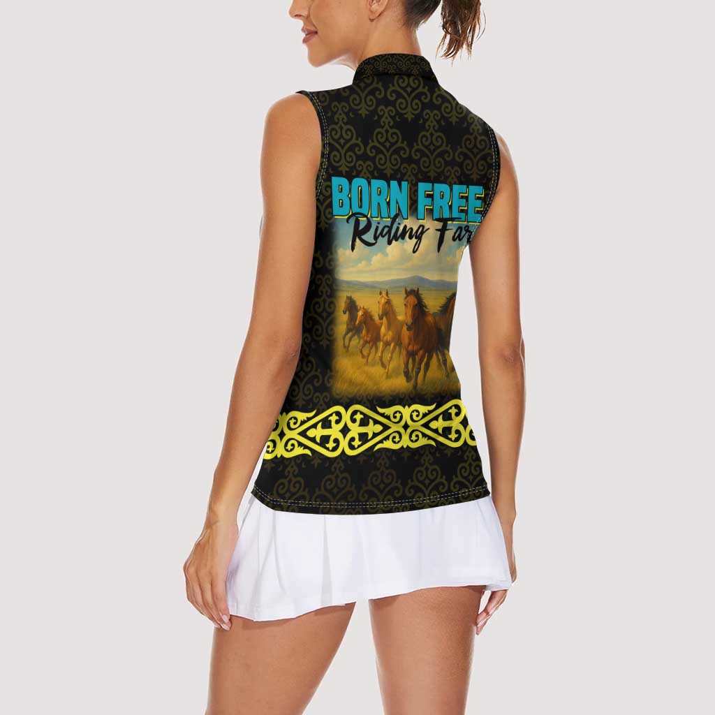Kazakhstan Born Free Riding Far Women Sleeveless Polo Shirt with Wild Horses and Gold Tribal Pattern on Black