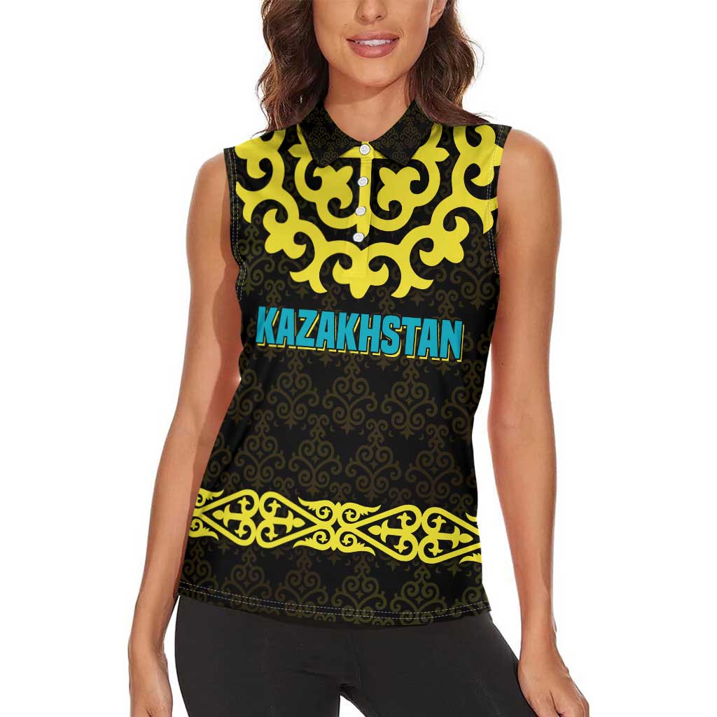 Kazakhstan Born Free Riding Far Women Sleeveless Polo Shirt with Wild Horses and Gold Tribal Pattern on Black