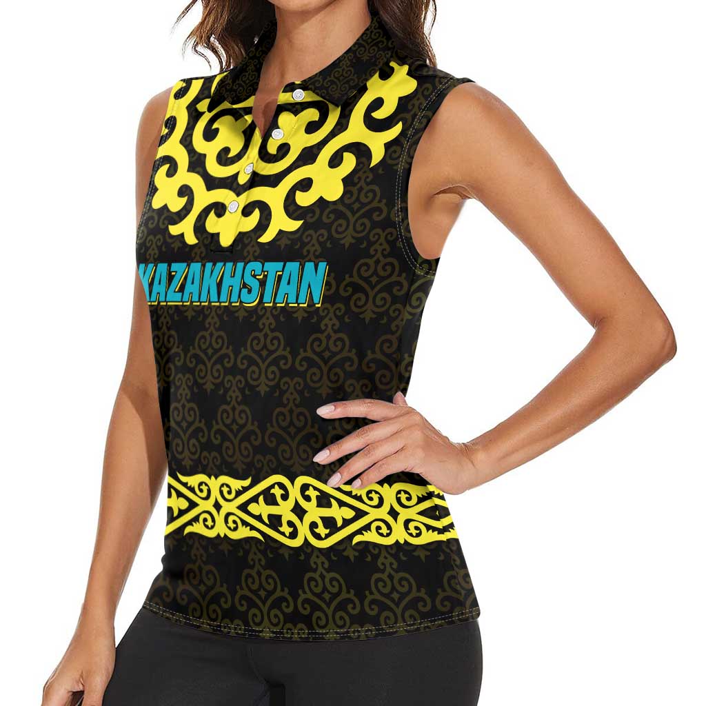 Kazakhstan Born Free Riding Far Women Sleeveless Polo Shirt with Wild Horses and Gold Tribal Pattern on Black