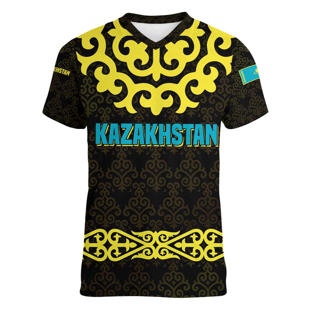 Kazakhstan Born Free Riding Far Women V-Neck T-Shirt with Wild Horses and Gold Tribal Pattern on Black