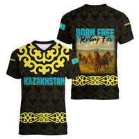 Kazakhstan Born Free Riding Far Women V-Neck T-Shirt with Wild Horses and Gold Tribal Pattern on Black