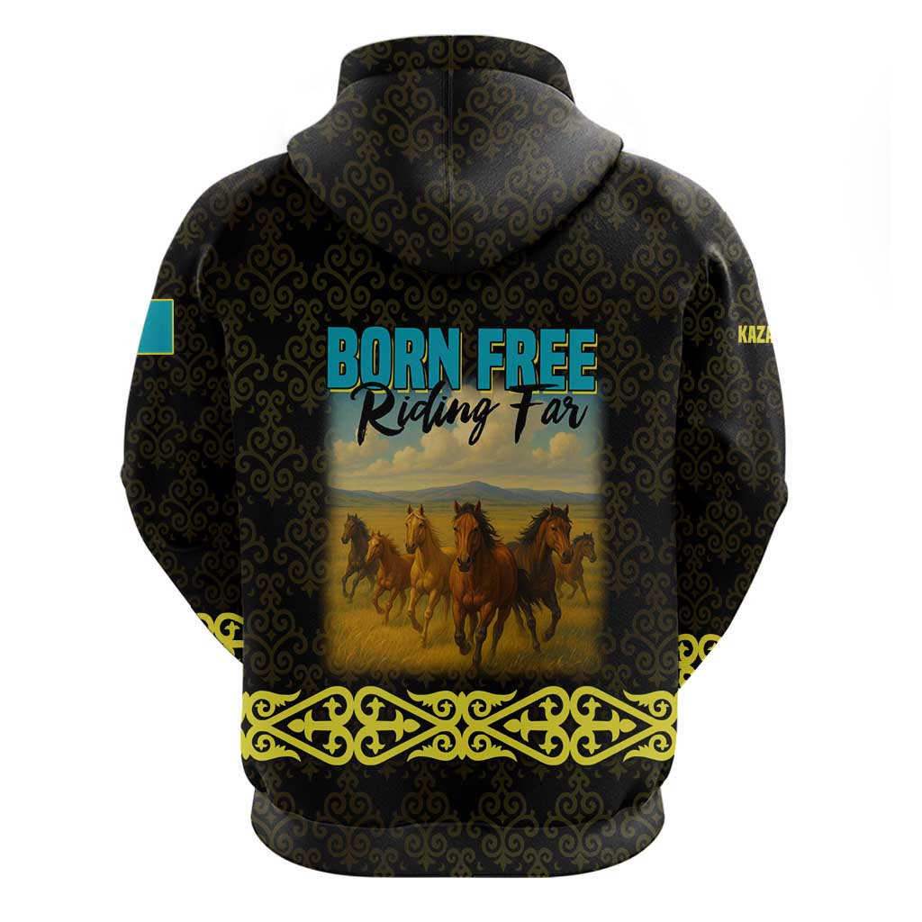 Kazakhstan Born Free Riding Far Zip Hoodie with Wild Horses and Gold Tribal Pattern on Black