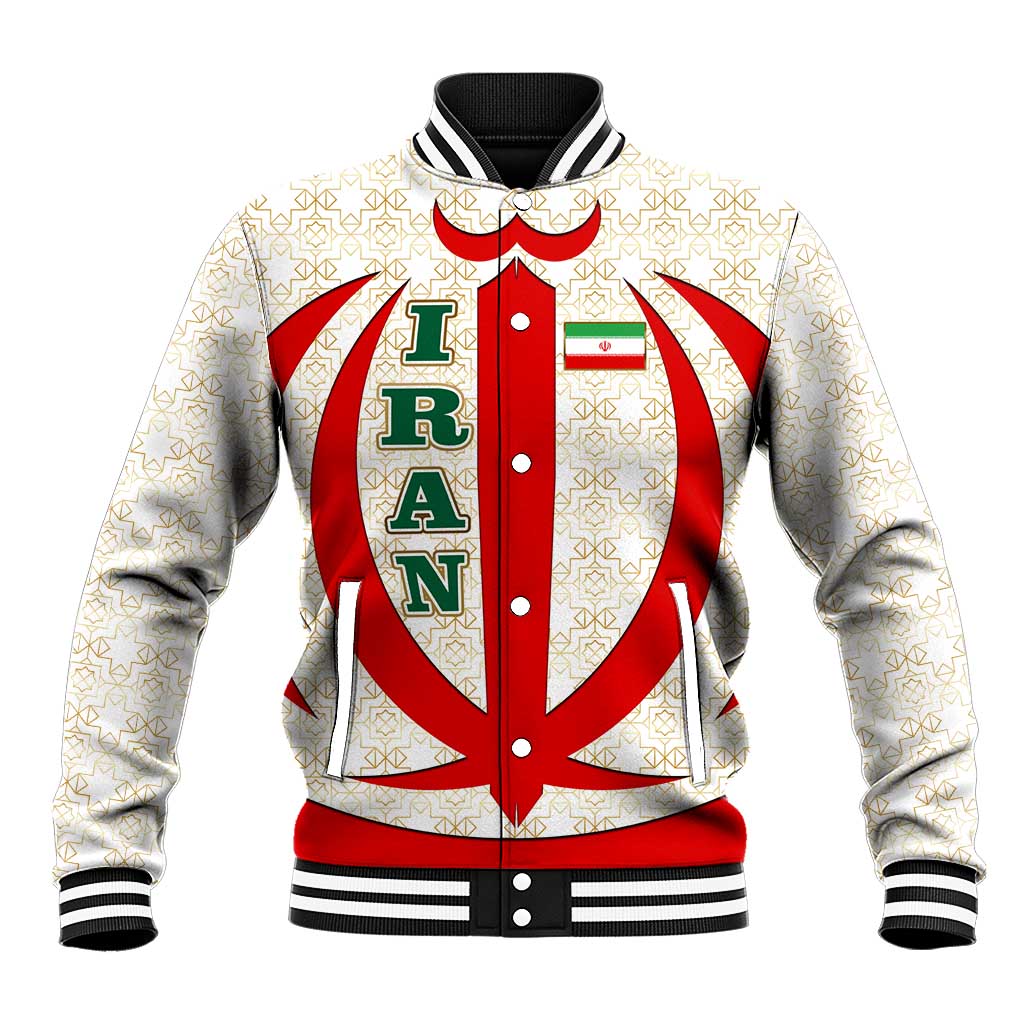 Iran Flag Pattern Baseball Jacket with Bold Red National Emblem Design