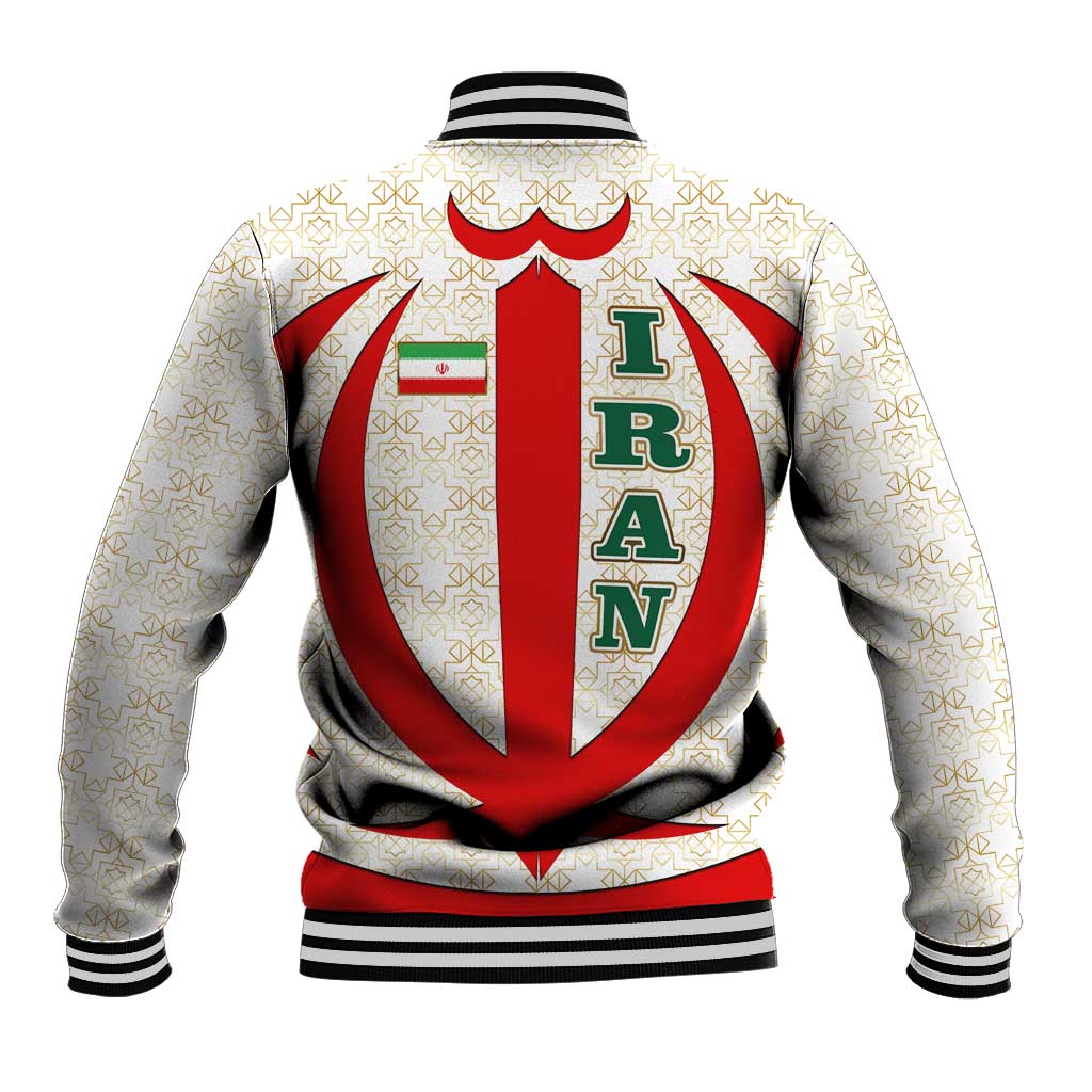 Iran Flag Pattern Baseball Jacket with Bold Red National Emblem Design