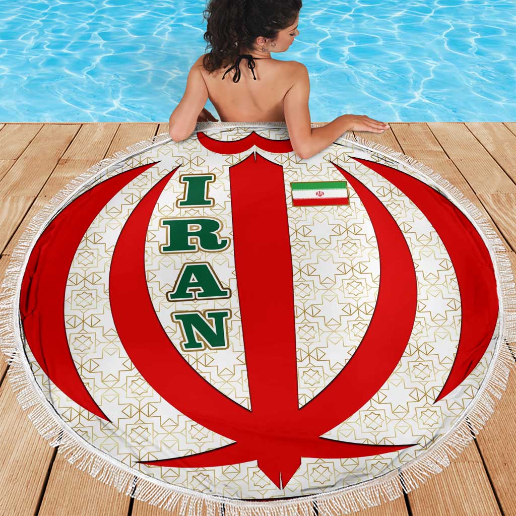 Iran Flag Pattern Beach Blanket with Bold Red National Emblem Design