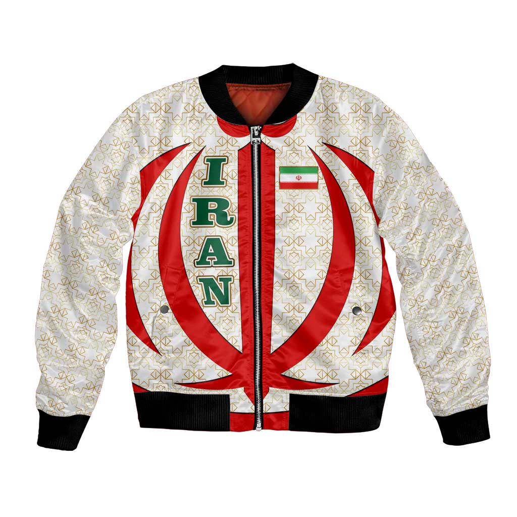 Iran Flag Pattern Bomber Jacket with Bold Red National Emblem Design