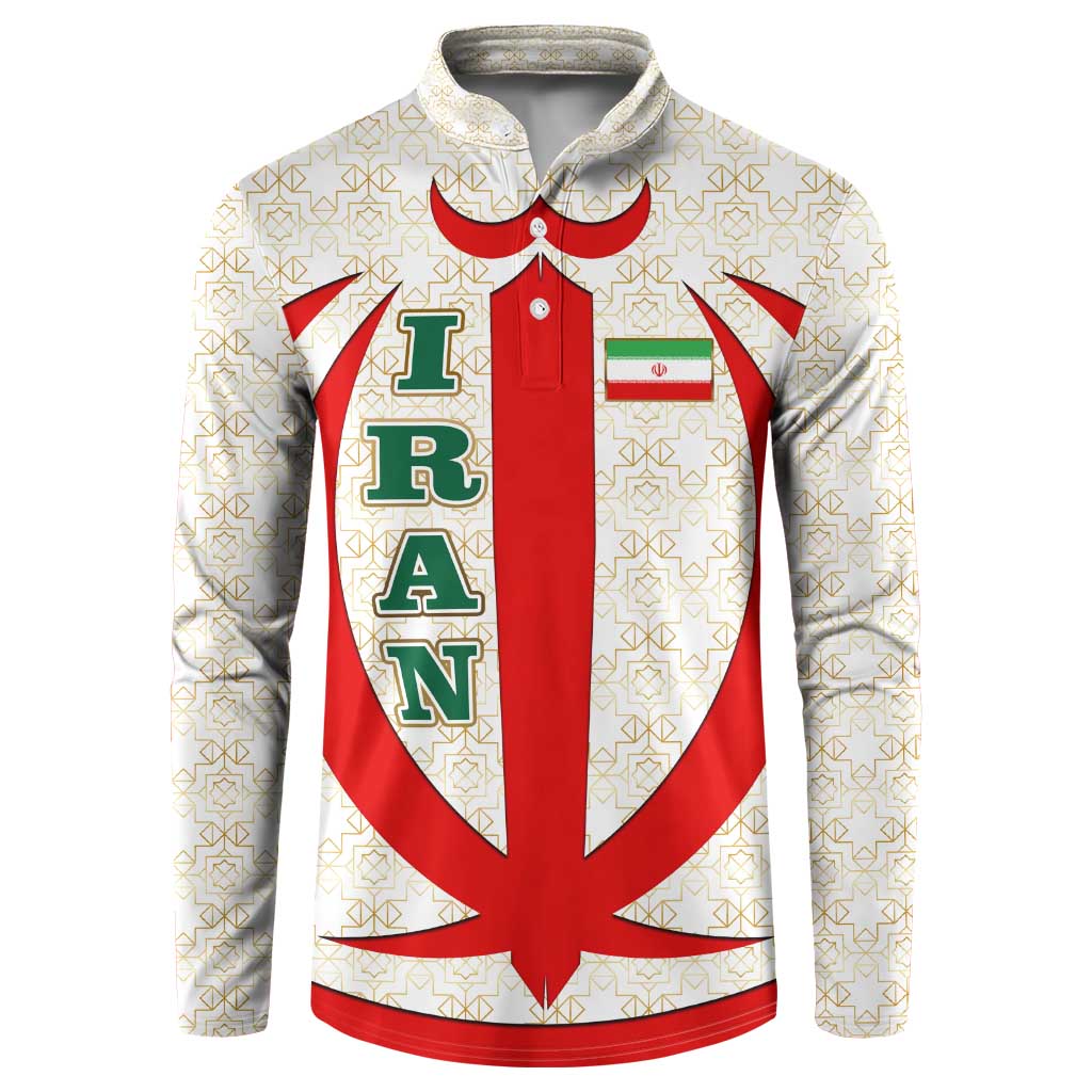 Iran Flag Pattern Button Sweatshirt with Bold Red National Emblem Design