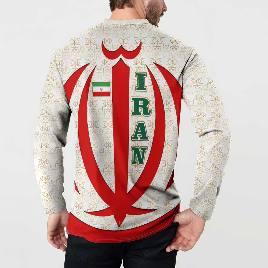 Iran Flag Pattern Button Sweatshirt with Bold Red National Emblem Design