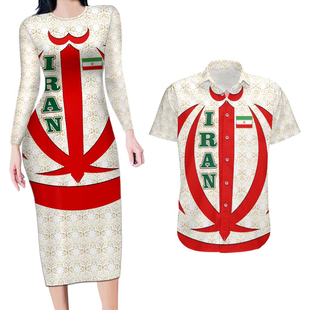 Iran Flag Pattern Couples Matching Long Sleeve Bodycon Dress and Hawaiian Shirt with Bold Red National Emblem Design