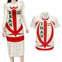 Iran Flag Pattern Couples Matching Long Sleeve Bodycon Dress and Hawaiian Shirt with Bold Red National Emblem Design