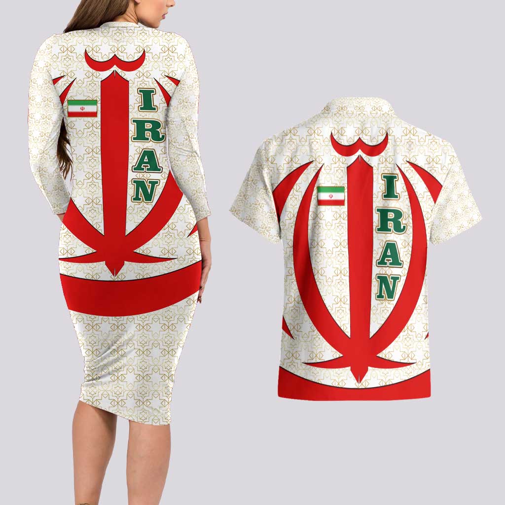 Iran Flag Pattern Couples Matching Long Sleeve Bodycon Dress and Hawaiian Shirt with Bold Red National Emblem Design
