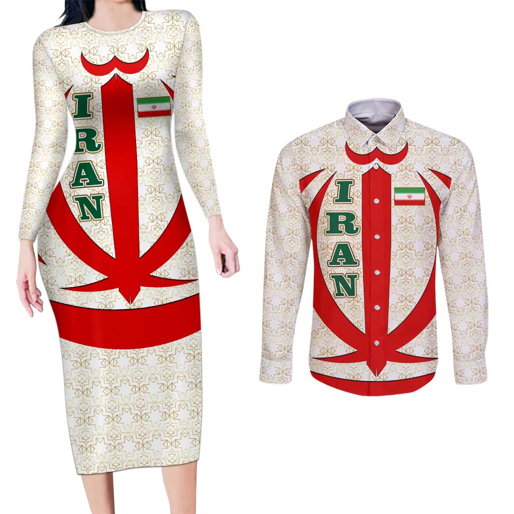 Iran Flag Pattern Couples Matching Long Sleeve Bodycon Dress and Long Sleeve Button Shirt with Bold Red National Emblem Design
