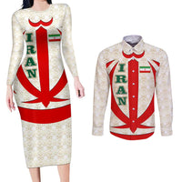 Iran Flag Pattern Couples Matching Long Sleeve Bodycon Dress and Long Sleeve Button Shirt with Bold Red National Emblem Design