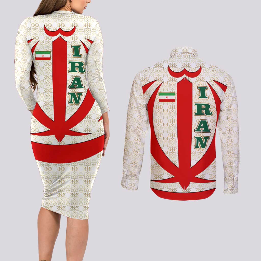 Iran Flag Pattern Couples Matching Long Sleeve Bodycon Dress and Long Sleeve Button Shirt with Bold Red National Emblem Design