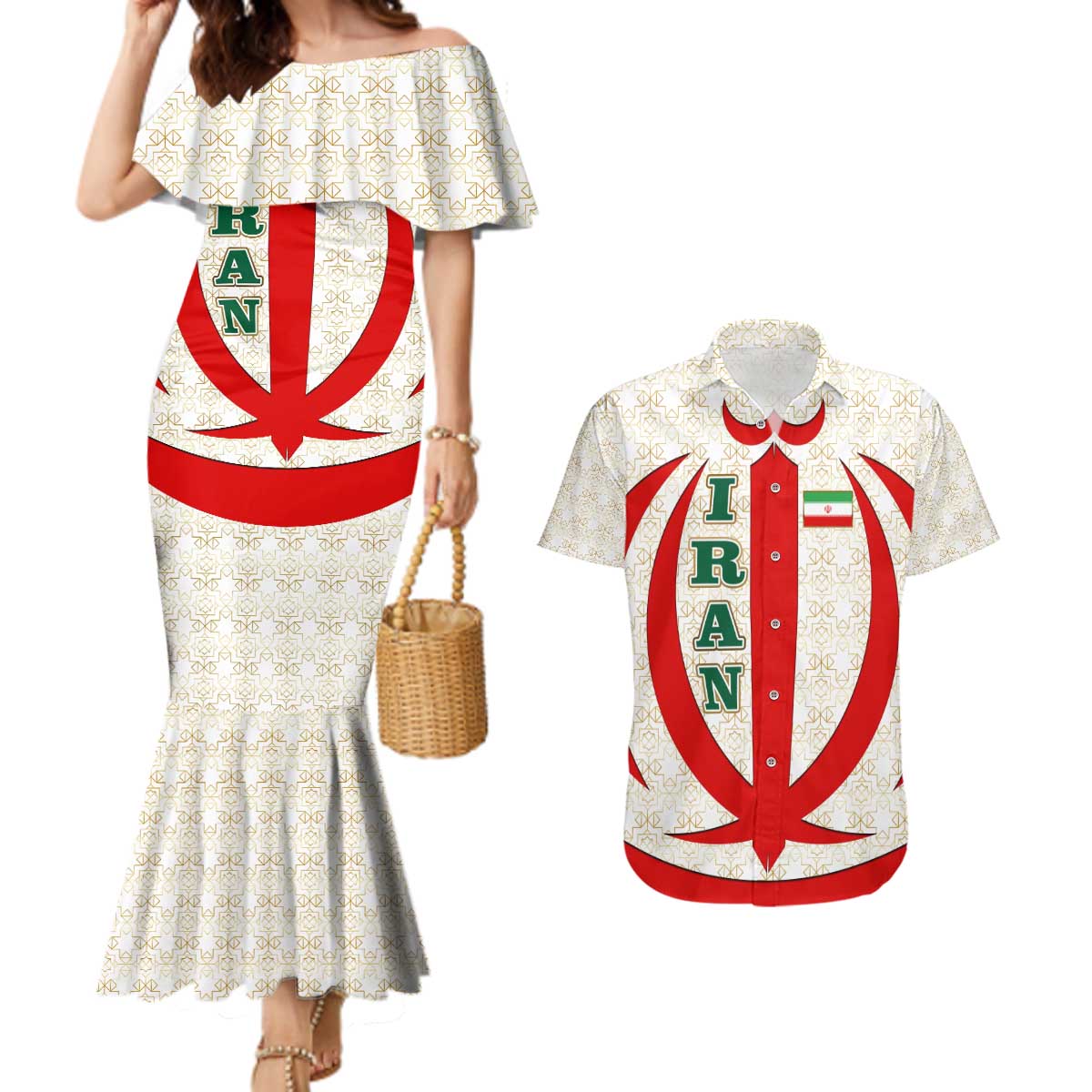 Iran Flag Pattern Couples Matching Mermaid Dress and Hawaiian Shirt with Bold Red National Emblem Design