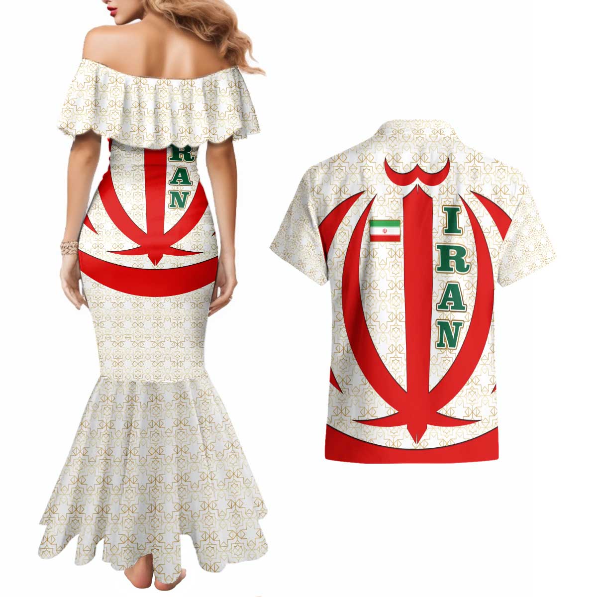 Iran Flag Pattern Couples Matching Mermaid Dress and Hawaiian Shirt with Bold Red National Emblem Design
