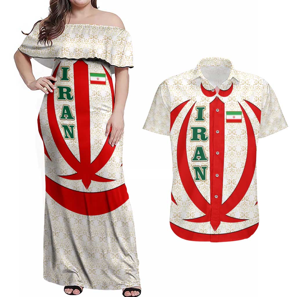 Iran Flag Pattern Couples Matching Off Shoulder Maxi Dress and Hawaiian Shirt with Bold Red National Emblem Design