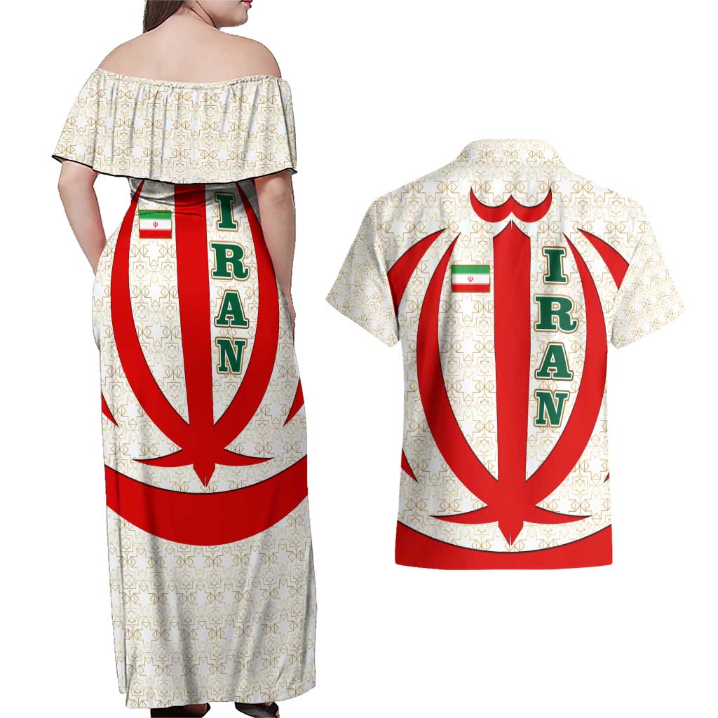 Iran Flag Pattern Couples Matching Off Shoulder Maxi Dress and Hawaiian Shirt with Bold Red National Emblem Design