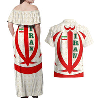 Iran Flag Pattern Couples Matching Off Shoulder Maxi Dress and Hawaiian Shirt with Bold Red National Emblem Design
