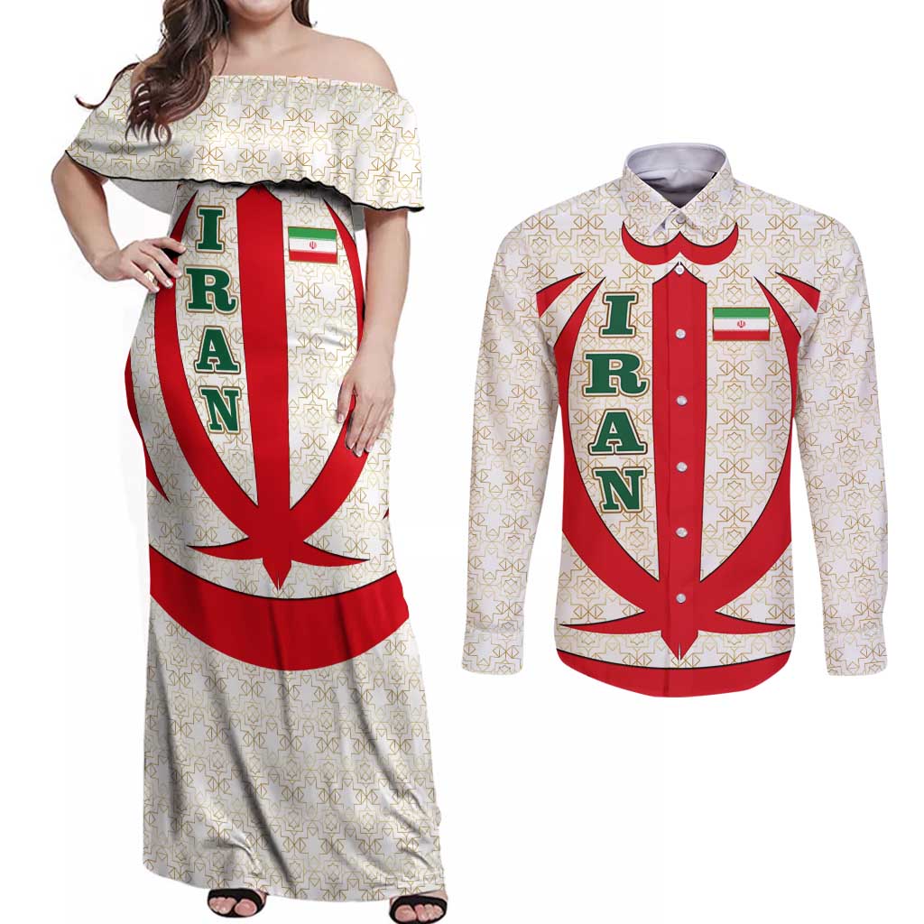 Iran Flag Pattern Couples Matching Off Shoulder Maxi Dress and Long Sleeve Button Shirt with Bold Red National Emblem Design