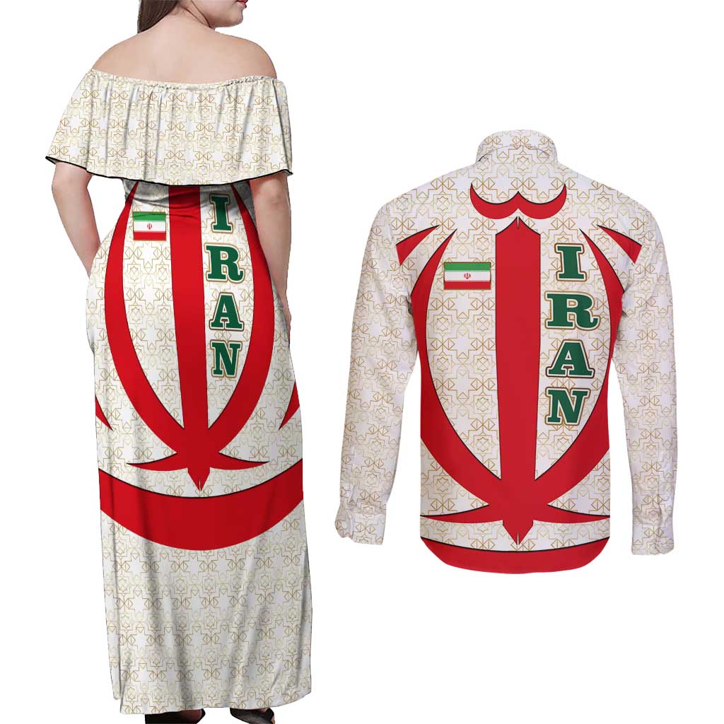 Iran Flag Pattern Couples Matching Off Shoulder Maxi Dress and Long Sleeve Button Shirt with Bold Red National Emblem Design