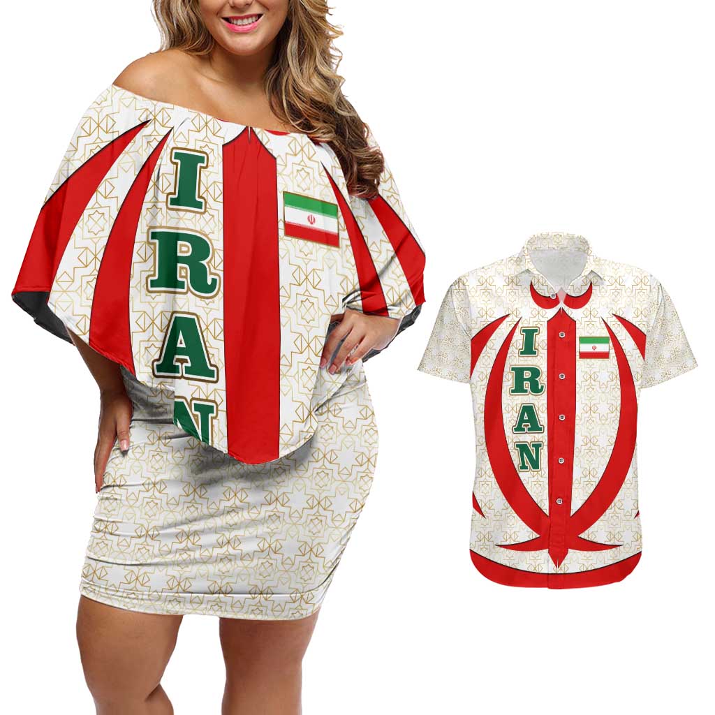 Iran Flag Pattern Couples Matching Off Shoulder Short Dress and Hawaiian Shirt with Bold Red National Emblem Design